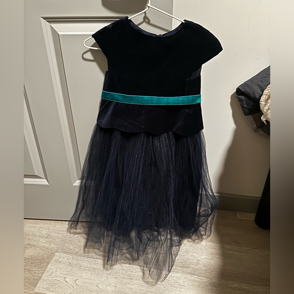 Jacadi Navy Velvet Dress with Teal Ribbon Accent for Girls - Size: 6 years